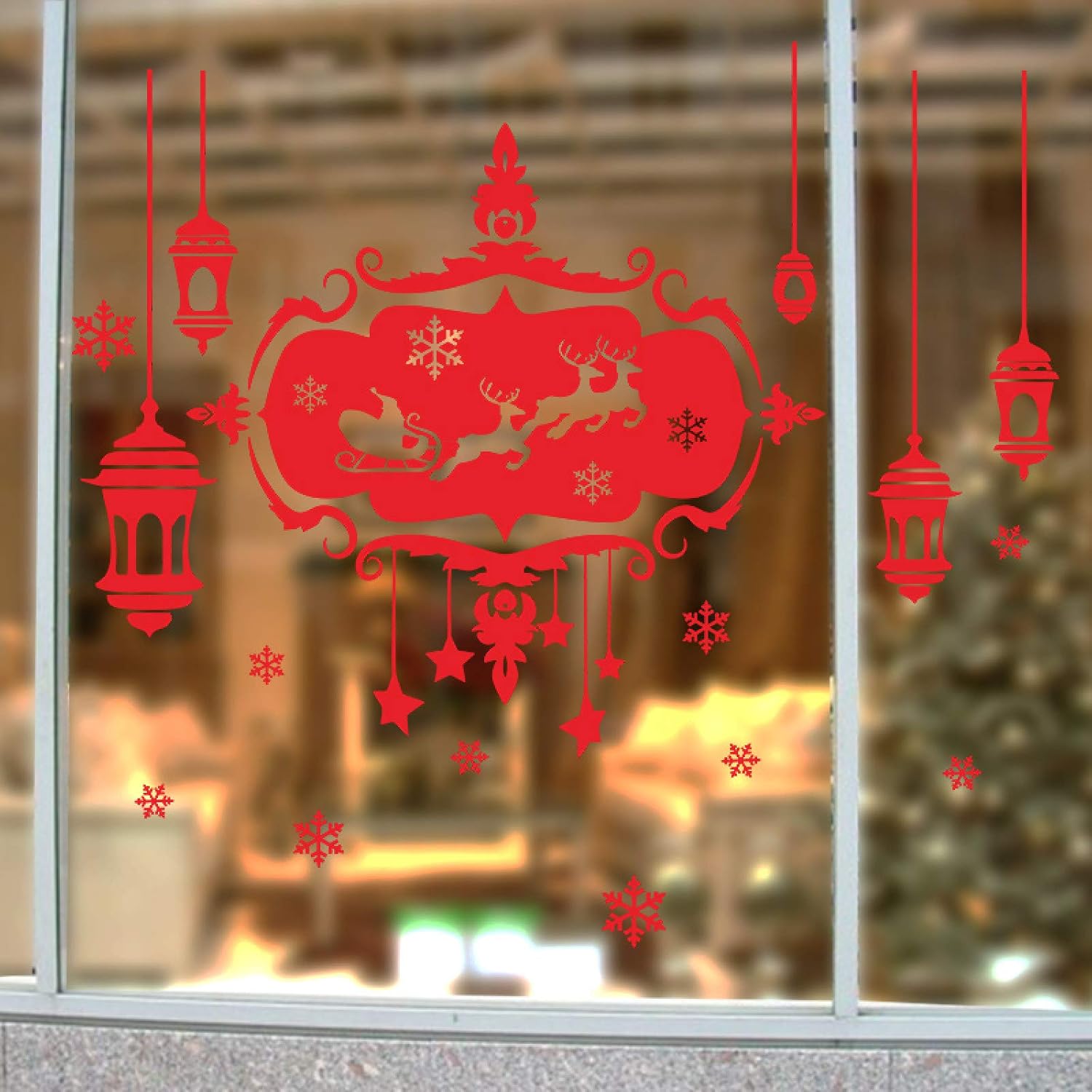 クリスマスウィンドウステッカー スノーフレークトナカイランプメリークリスマステーマウォールステッカー オンラインショップ ショップホームデコレーションデカール用 取り外し可能な静的pv