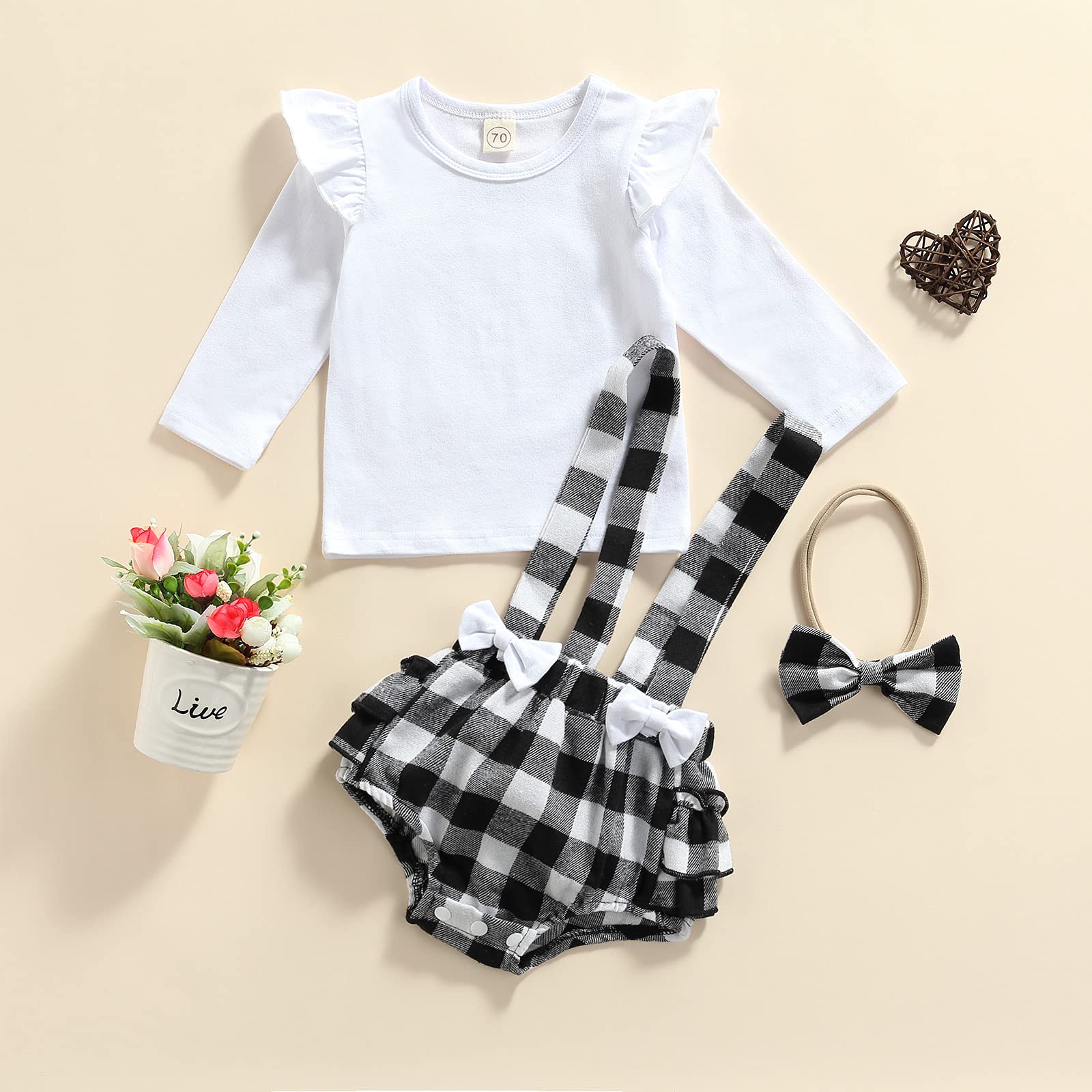 Newborn Baby Girl Christmas Outfit Ruffle Solid Long Sleeve Top Buffalo Plaid Suspender Shorts Headband Fall Clothes (Buffalo Plaid-Black,0-3 Months)