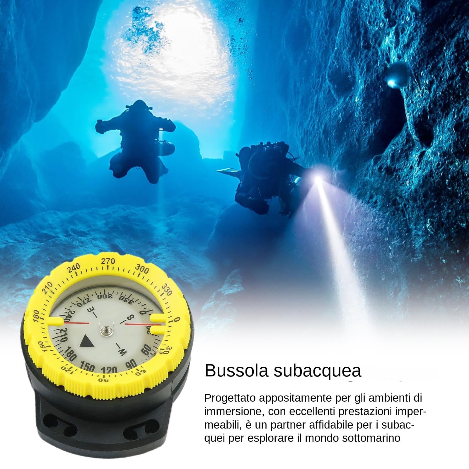 Bussola subacquea, bussola per kayak, Bussola per immersione subacquea resistente all'acqua con corda, Bussola luminosa per sport acquatici con finestrino laterale, per immersioni