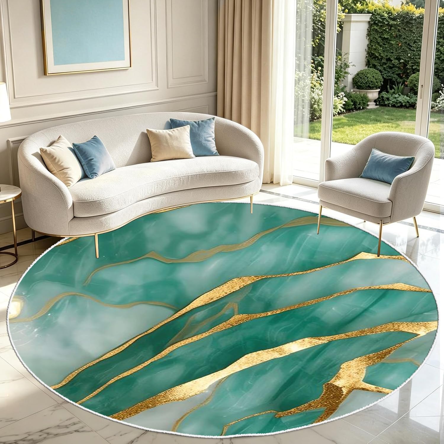 PDENZG Luxury Round Marble Area Rug,200cm,Abstract Emerald Green and Gold Rug, Non-Slip, Machine Washable, Ultra-Thin Marble Carpet Mat for Living Room Bedroom Dining Room Home Office Circle Rugs