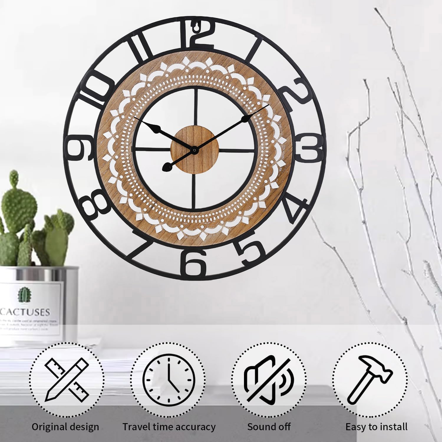 Wall Clocks for Living Room, Bohemian Pattern Clock Silent,Non Ticking,Battery Operated Oversized Vintage Round Modern Clock for Bedroom,Farmhouse,Office Wall Decor-20 Inch