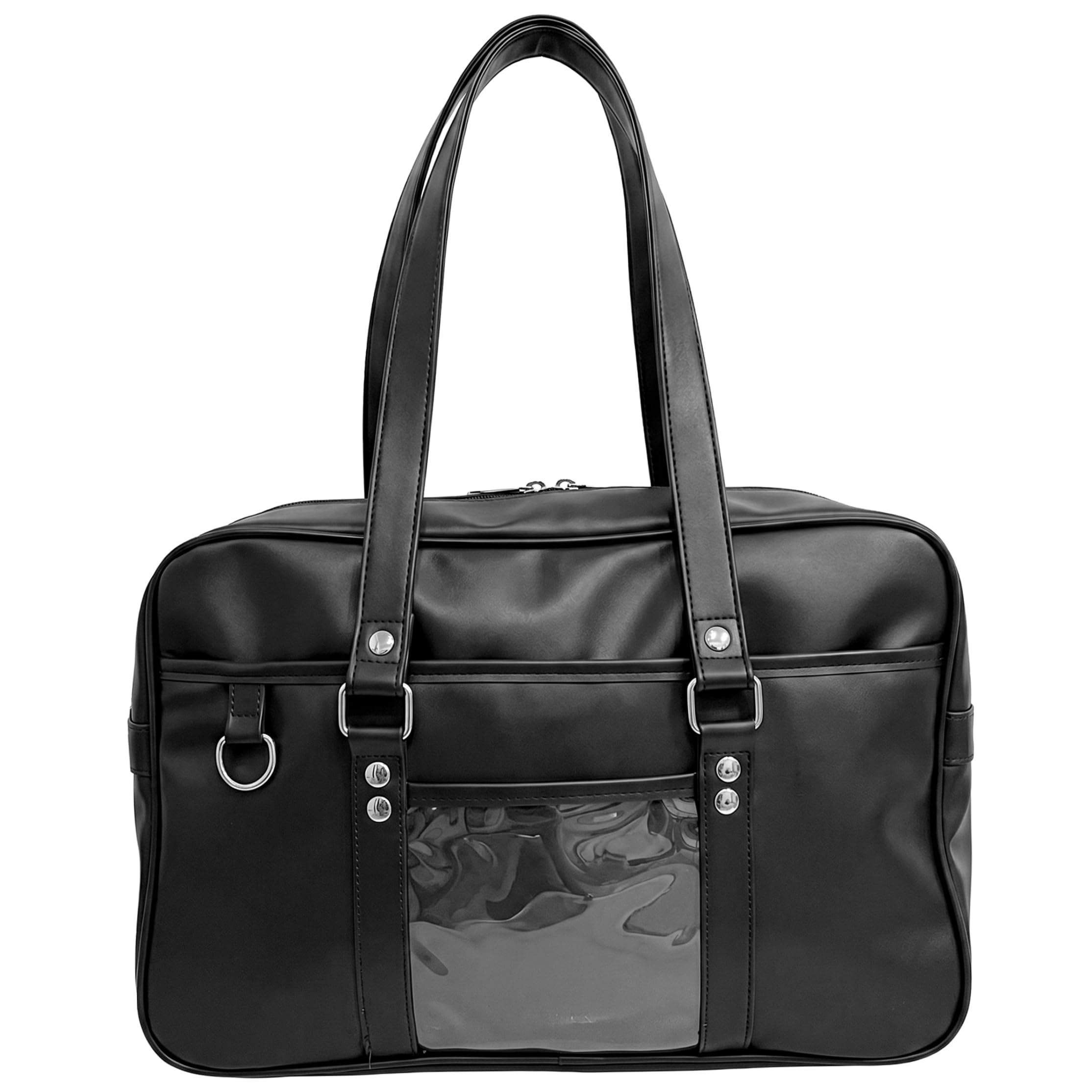 Itabag Bolso Escolar Japonés, Bolso Kawaii De Un Solo Hombro De Cuero De Pu con Bolsillo Transparente, Negro.