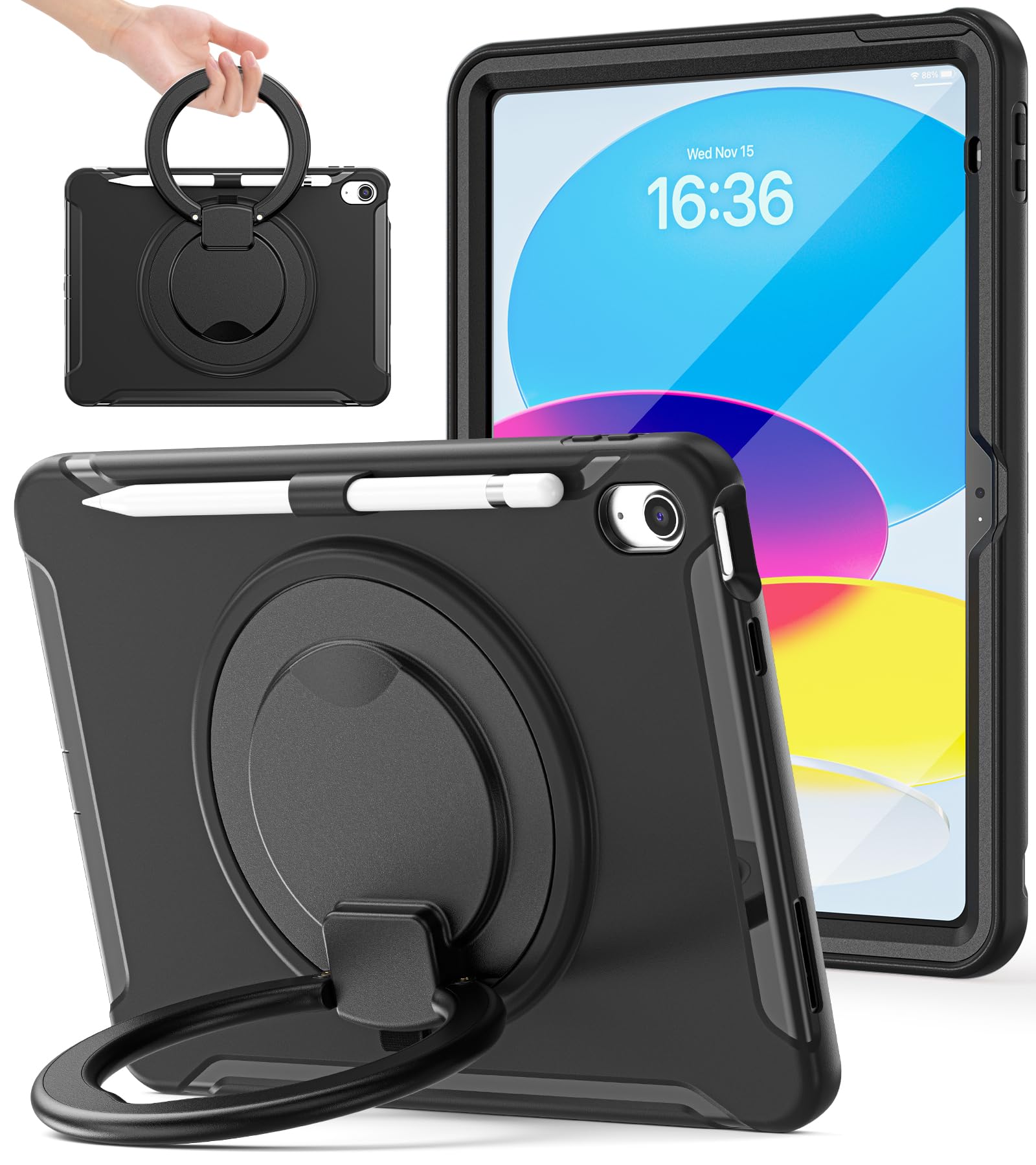 Photo 1 of BATYUE Shockproof Case for iPad 10th Gen 10.9" 2022 / 11th Gen (A16) 11" 2025 | 360° Multi-Angle Stand (Portrait & Landscape) & Grip, Built-in Screen Protector, Pencil Holder, Black