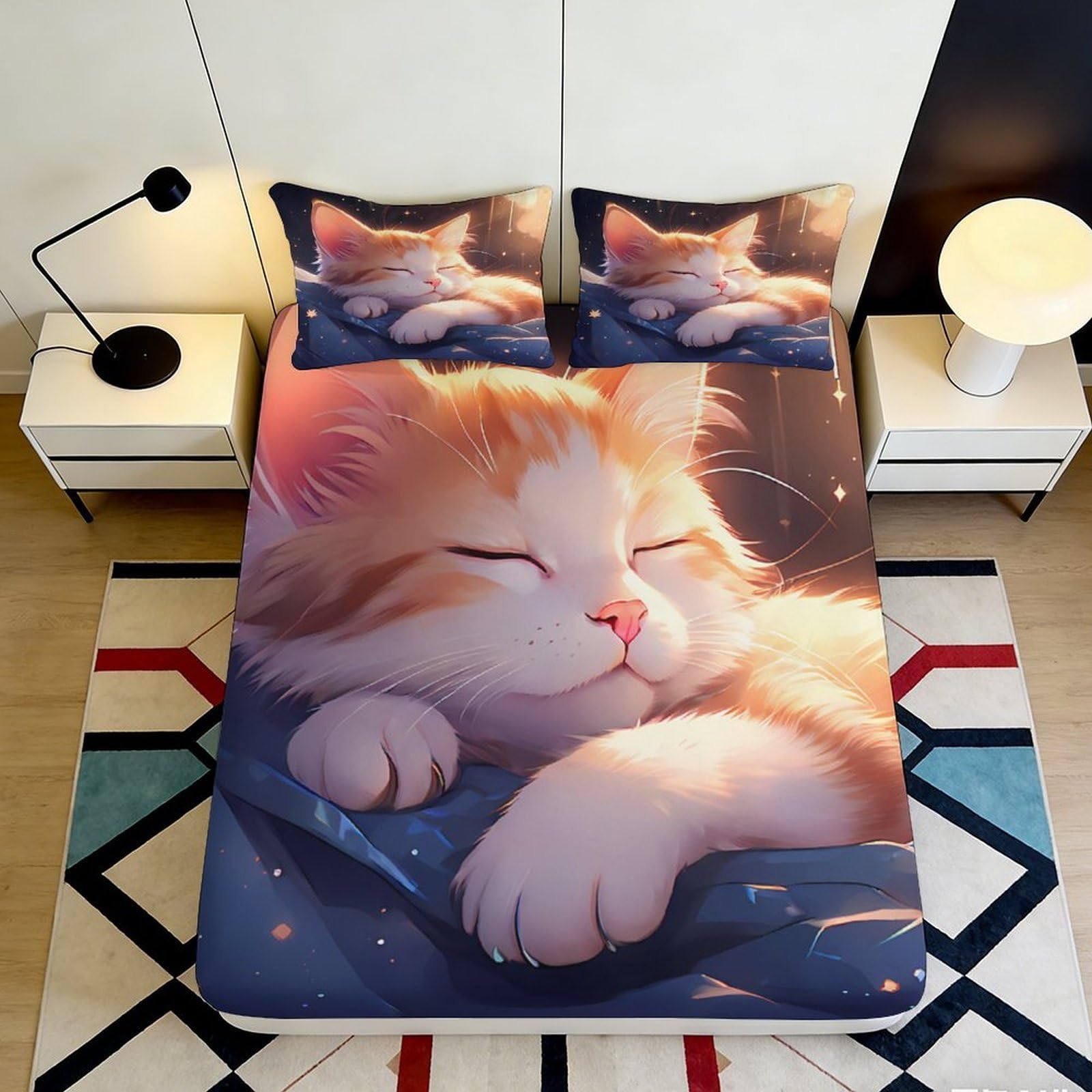 3D Printed Sleeping Cat Fitted Sheet Microfiber Soft Breathable Cozy Kitten Bed Cover for Bedroom Dormitory Guest Room Mattress Protection Decor 180x200x25cm