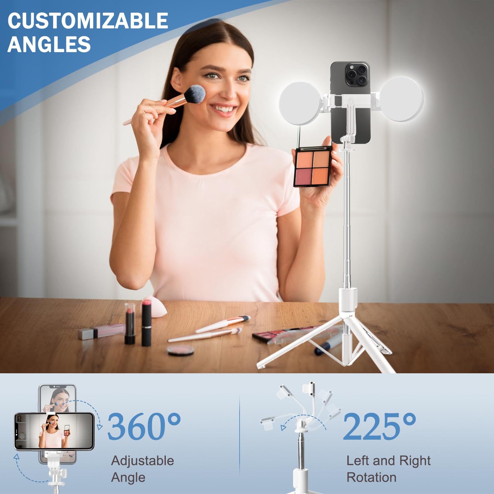 Treppiede per selfie con luce di riempimento, bastone per selfie per telefono, design in acciaio inossidabile resistente, telecomando Bluetooth e supporto stabile a tre gambe per trasmissioni in