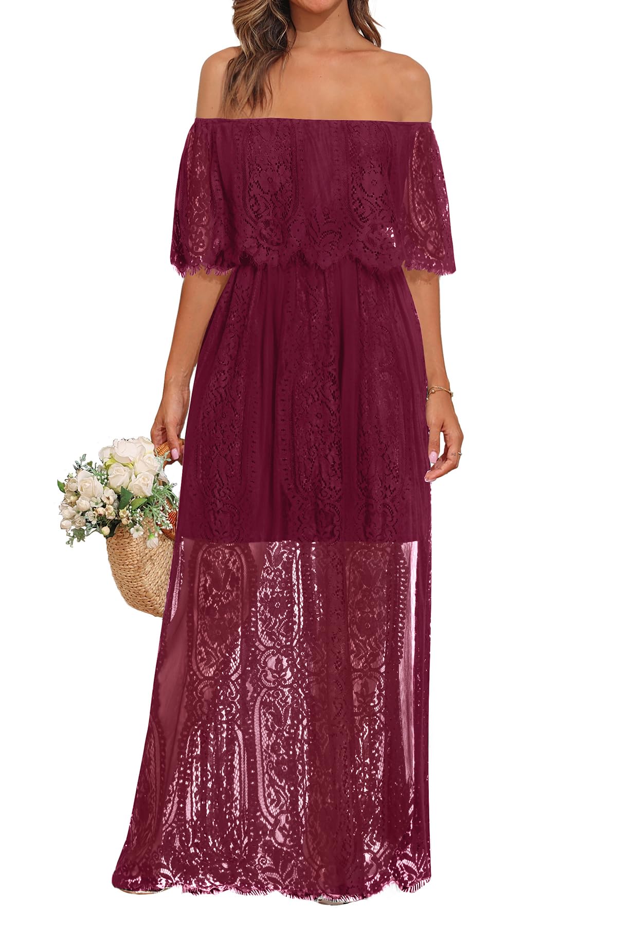 Holipick Vestido largo de encaje con hombros descubiertos para mujer, estilo bohemio, para invitada de boda, dama de honor, playa, vestido largo formal