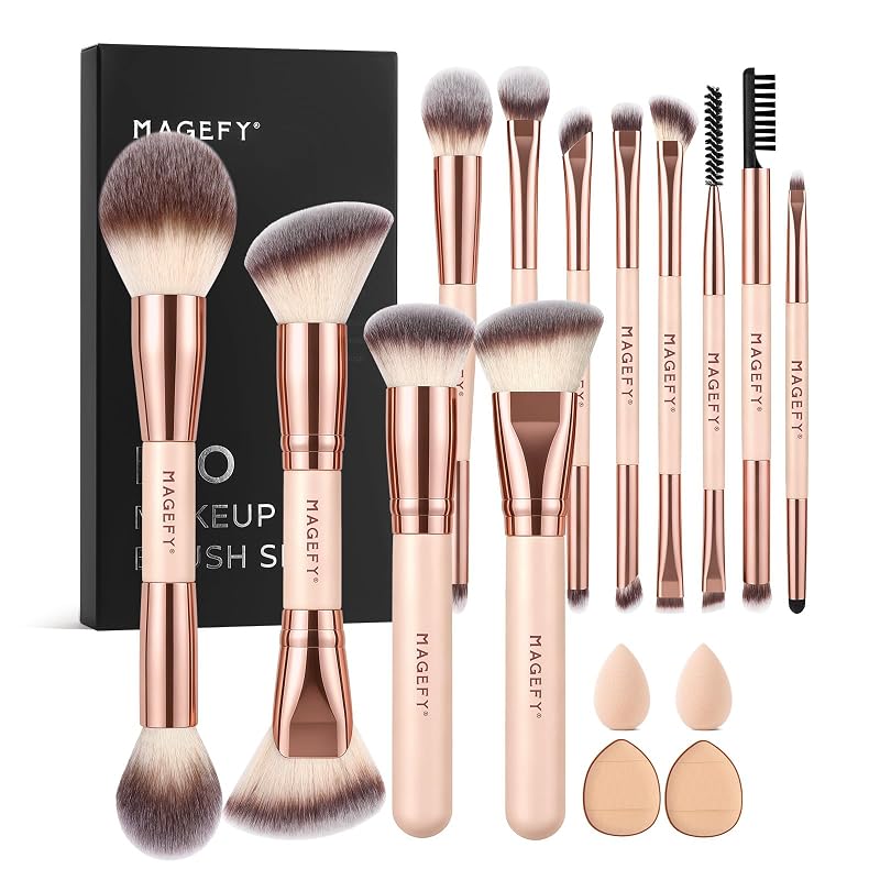 Kit de Pincéis de Maquiagem MAGEFY com 16 Peças, Dupla Face, Bege, com Estojo para Presente