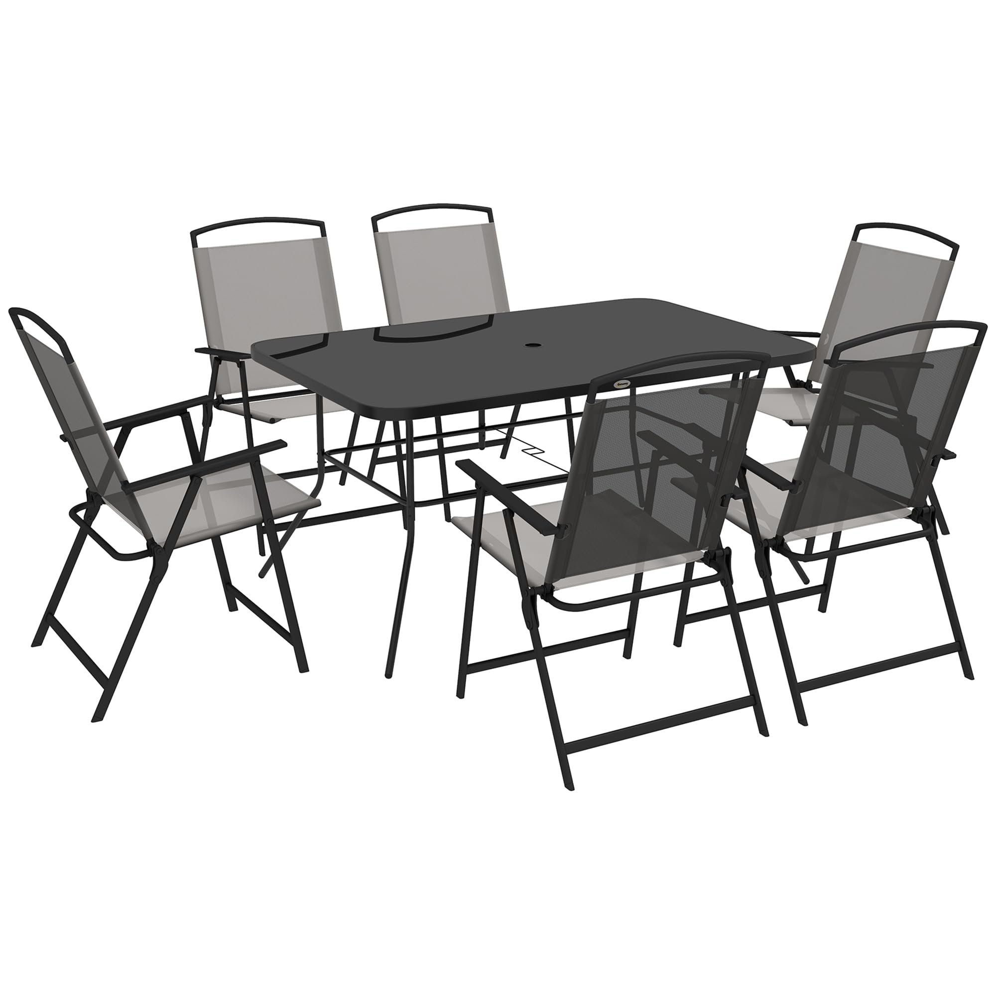 Outsunny Conjunto de Muebles de Jardín de 7 Piezas Conjunto de Comedor de Exterior con 6 Sillas Plegables y Mesa de con Orificio para Sombrilla para Terraza Exterior Gris