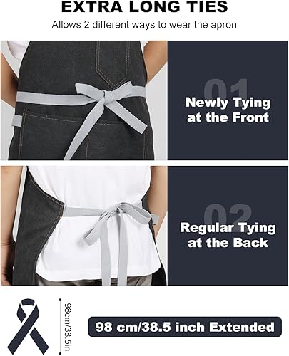 Miniatura 3 de Delantales de chef para hombres, delantales para mujer con 3 bolsillos grandes, correa ajustable para el cuello y lazos extralargos (atado