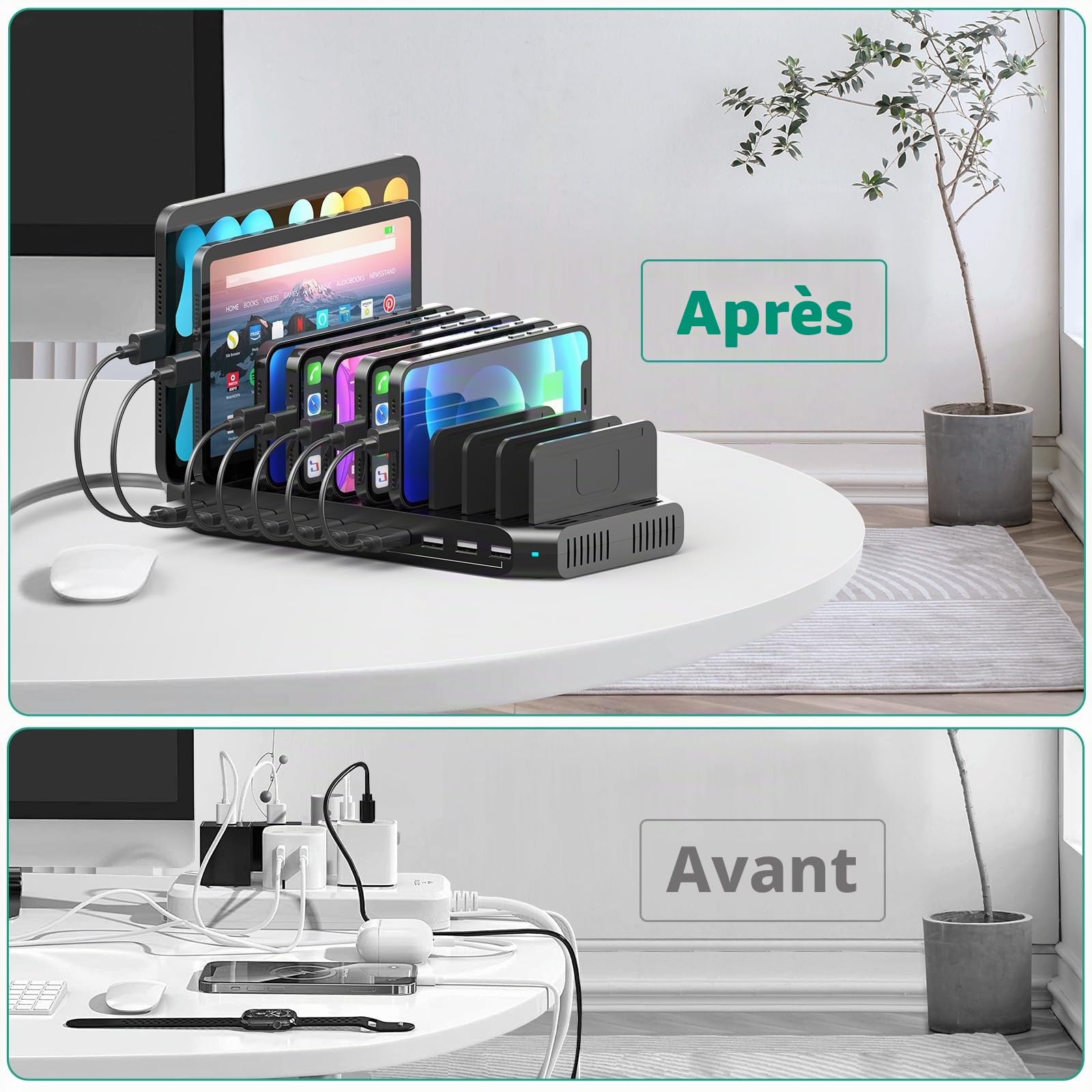SUIDEK Station de Charge Multi Appareils 10 Ports, 60W Station de Charge USB avec Séparateurs Réglables, Station de Chargement USB pour Tablettes et Smartphones