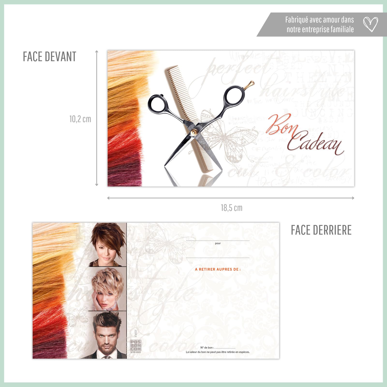 POS BON - 100 bons cadeaux à remplir avec enveloppe/nœud ruban - formulaires imprimés pour des salons de coiffure K1403F-2-100-V1