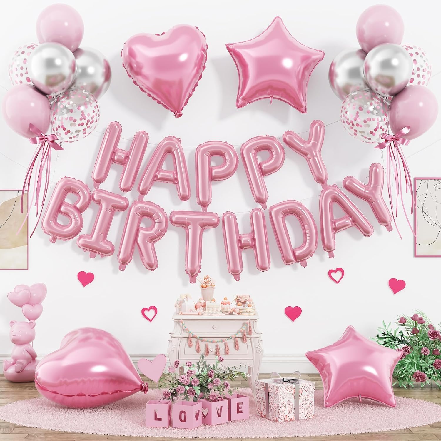 Metallic Pink Birthday Balloons - 29pcs Self-Sealing Party Balloon Kit with Stars, Hearts & Accessories for Women Birthday Party Decorations
