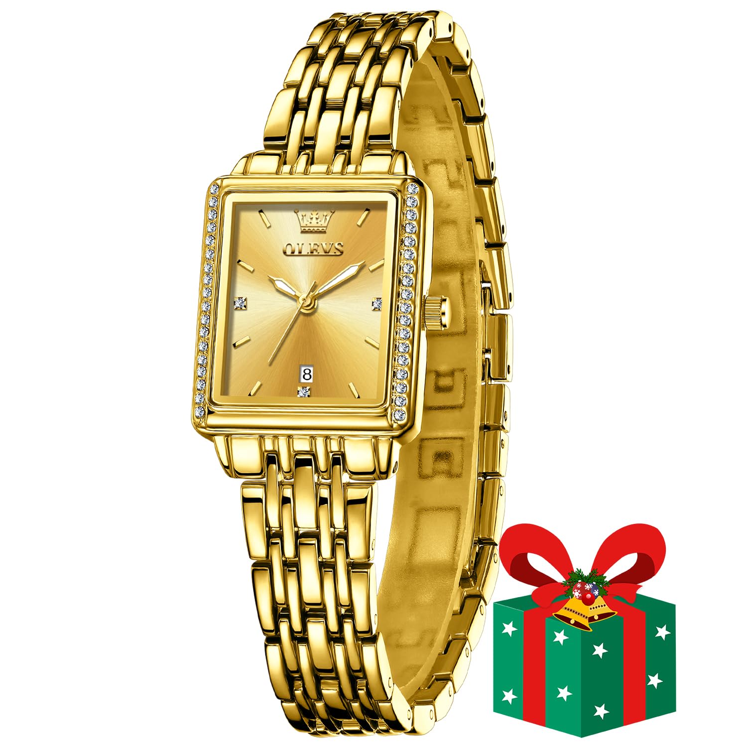 OLEVS Watch for Women Square Analog Quartz Ladies Wrist Watch Luxury Diamond Dress Watch All Gold Stainless Steel Strap with Black White Blue Green Dial Female Watch
