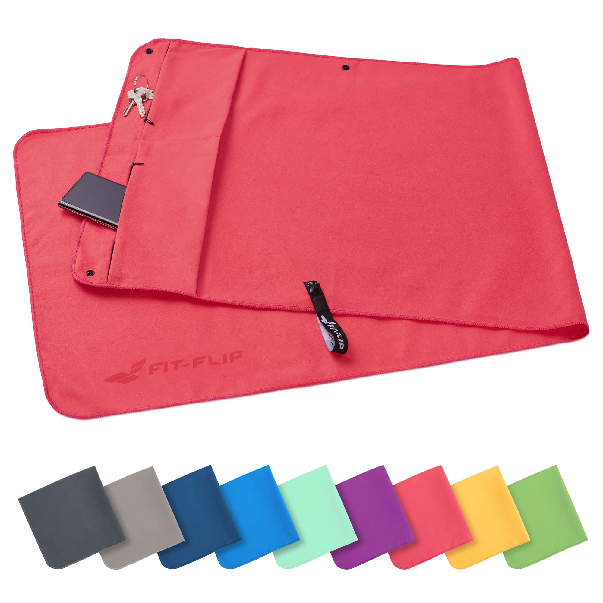 Fit-Flip Asciugamano Sportivo con Scomparto a Cerniera e Clip Magnetica - Telo in Microfibra - Compatto e ad Asciugatura Rapida - Accessori da Palestra uome e Donna