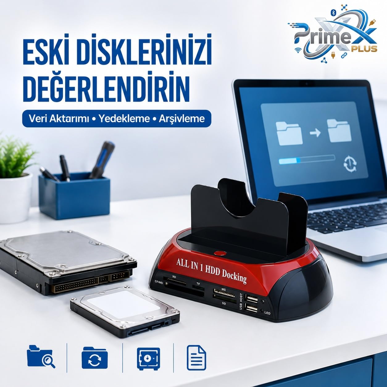 PrimeX PX-385 Harici USB 2.0 2.5/3.5 IDE + SATA HDD Docking, Kart