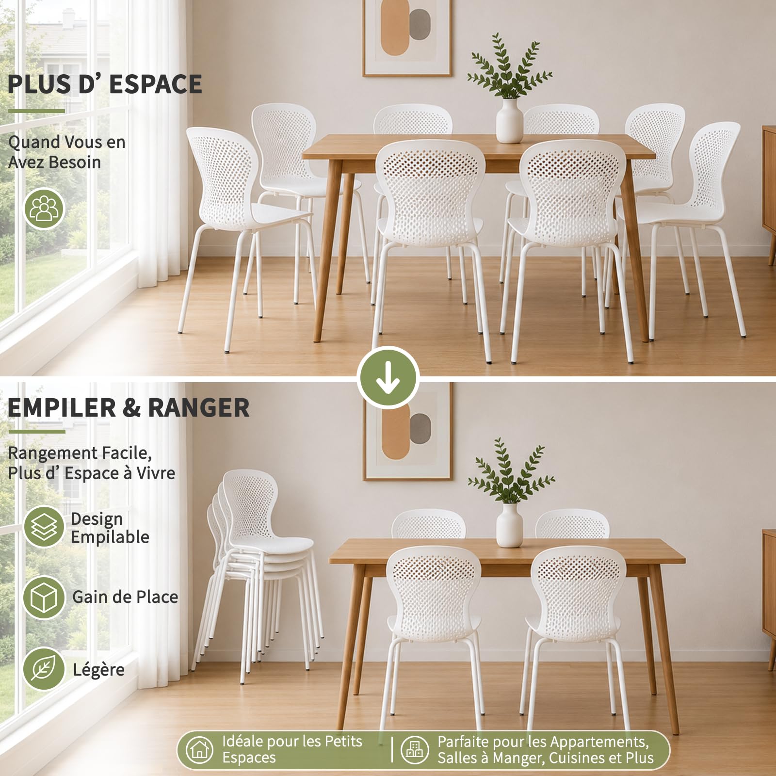 JIJIAN Lot de 6 Chaises de Salle à Manger Empilables, Chaise de Cuisine avec Pieds en Métal, Chaises de Jardin en Plastique, pour Salle à Manger, Salon, Jardin, Balcon et Terrasse, Blanc