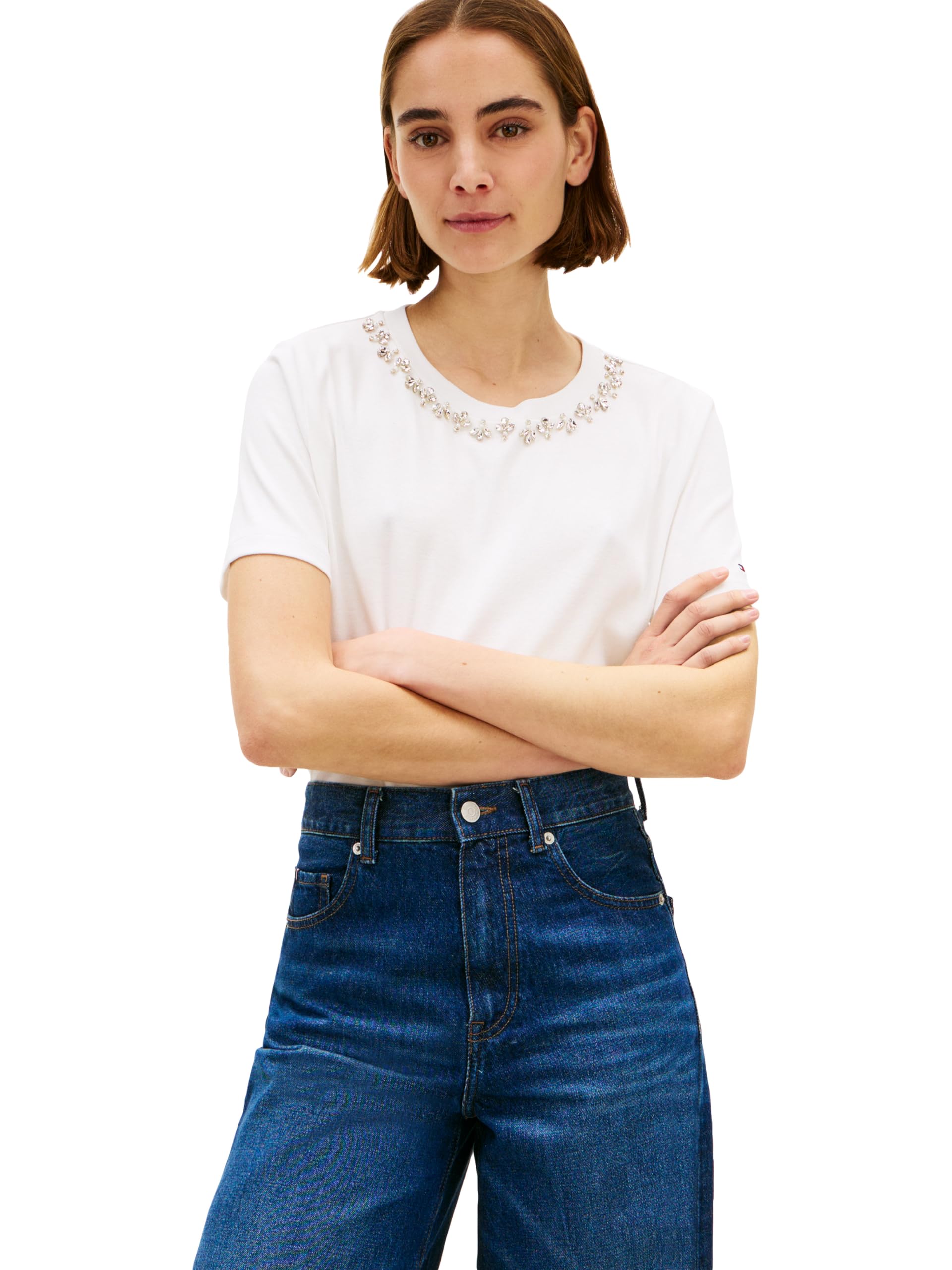 Women's Short Sleeve Cotton Crew Neck T-Shirt with Collar Embellishment
