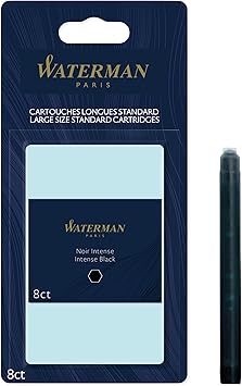 Waterman Fountain Pen Ink Cartridges, Long, Intense Black, 8 Count, Blister Pack