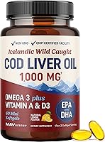 Vista 1 de Cod Liver Oil Softgels 1000MG Omega 3 + Vitamin A & D3 Wild Caught Cod Liver Oil, Icelandic Sourced & Molecularly Distilled EPA DHA Omega 3