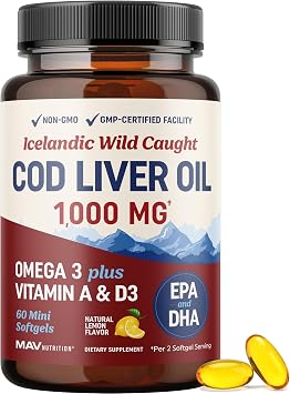 Cod Liver Oil Softgels 1000MG | Omega 3 + Vitamin A & D3 | Wild Caught Cod Liver Oil, Icelandic Sourced & Molecularly Distilled | EPA DHA Omega 3 Supplement for Bone & Immune Health | 60 Ct
