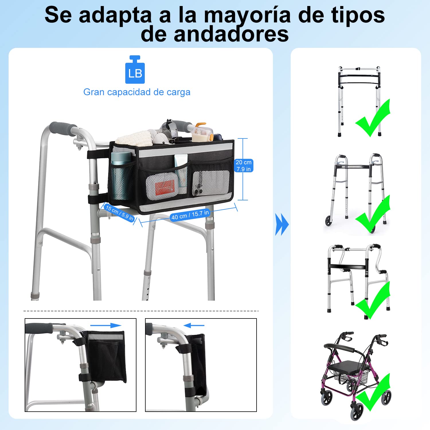 supregear Cesta de Andador, Bolsa Organizadora Walker de Gran Capacidad con 4 Malla Bolsillos y Bolsa de Almacenamiento de Diseño Gancho y Bucle de Raya Reflectante para Accesorios de Walker Carry