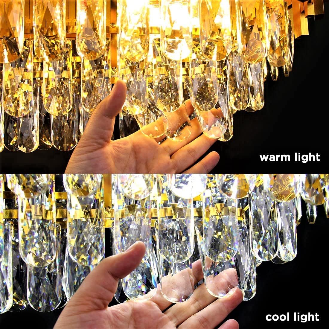 FLOSTON Gold Crystal Chandelier - 3 Color LED Lights -3