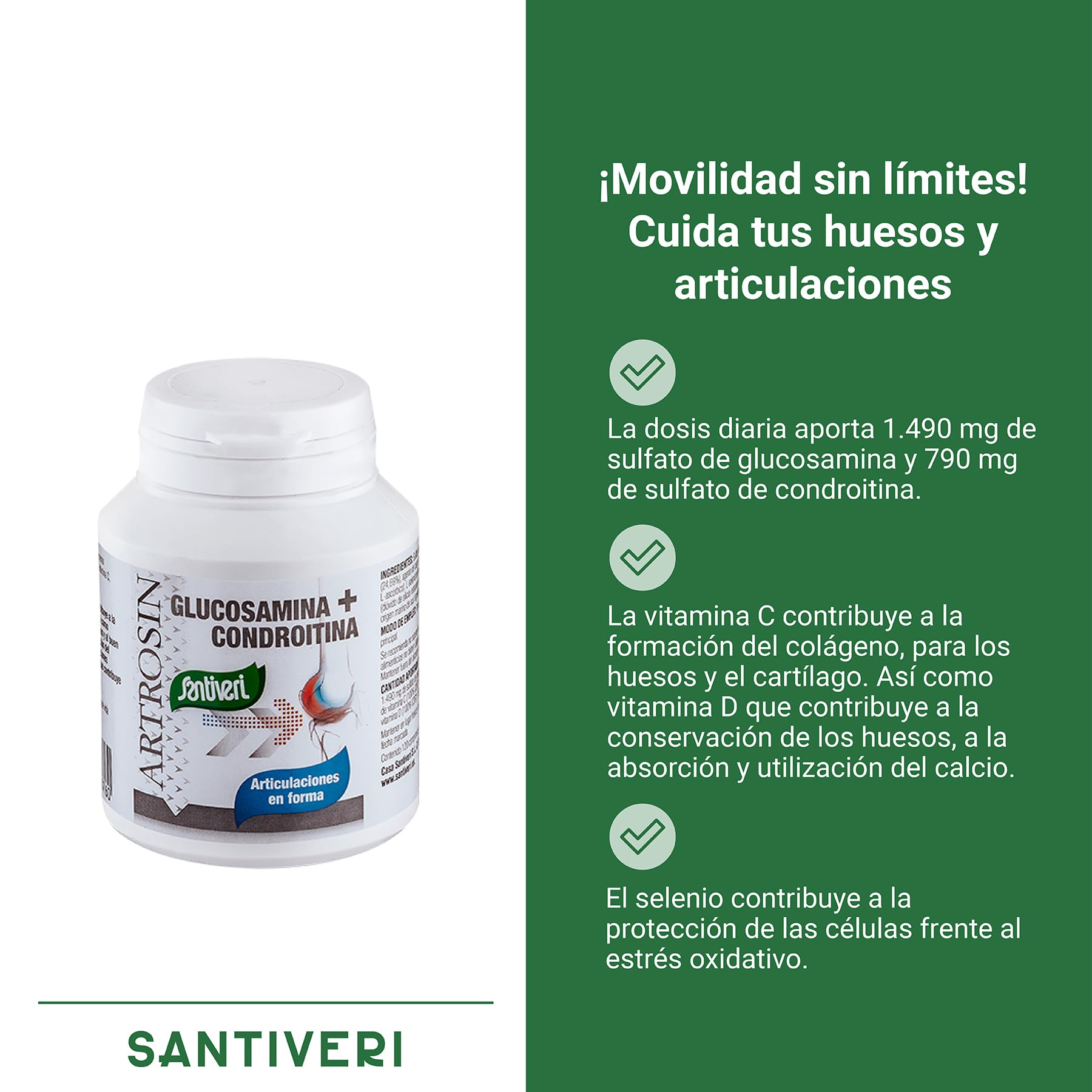 SANTIVERI - Artrosin, Complemento Alimenticio, con Glucosamina, Condroitina, Vitaminas C y D y Selenio, Contribuye a Mantener las Articulaciones y Huesos en Condiciones Normales - 120 Comprimidos