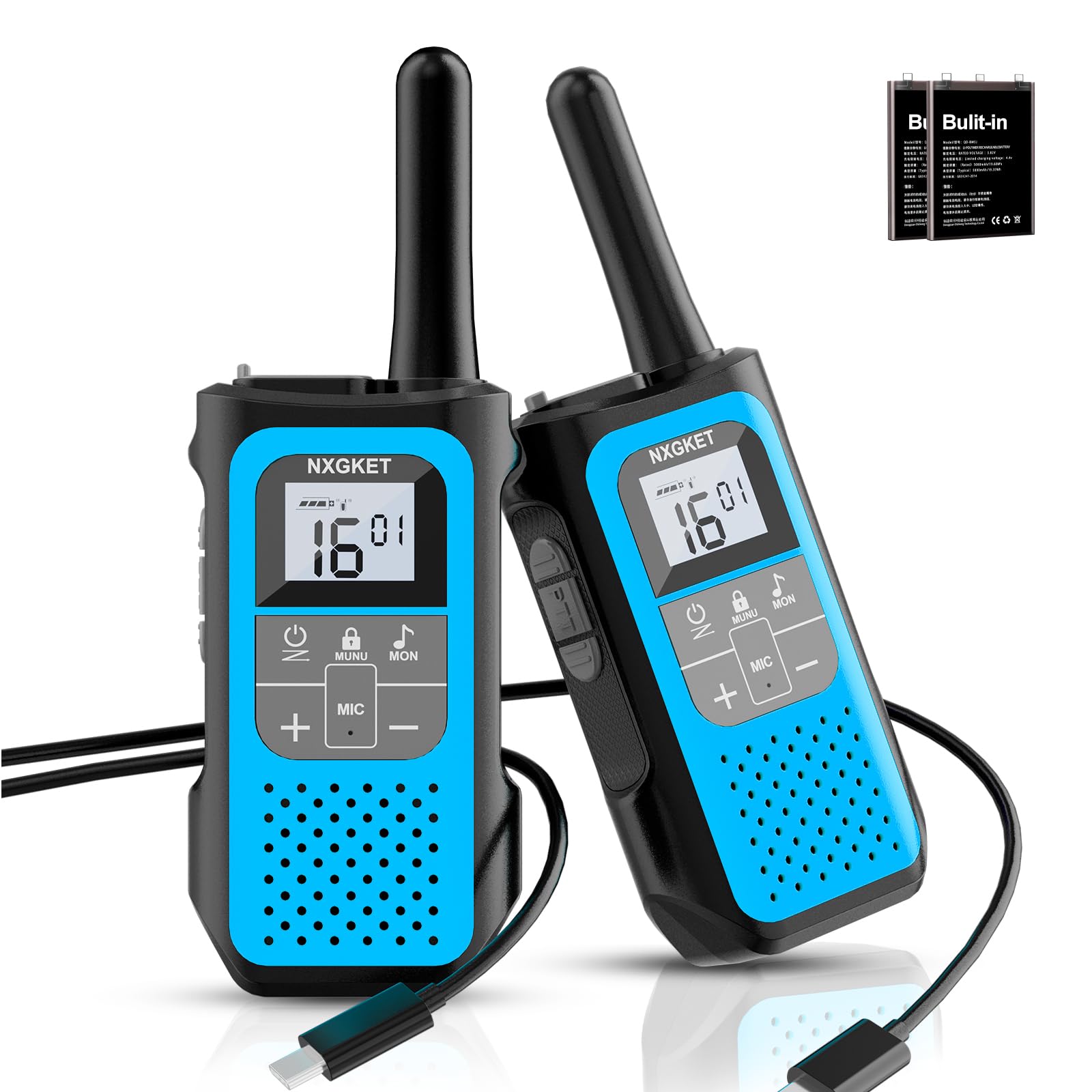 Walkie Talkie per Adulti Bambini, NXGKET Walky Talky Ricaricabile, Lungo Raggio Radio a 16 Canali con Batteria Agli ioni di Litio, Cavo USB-C, VOX per Campeggio e Escursionismo, Set da 2 Pezzi