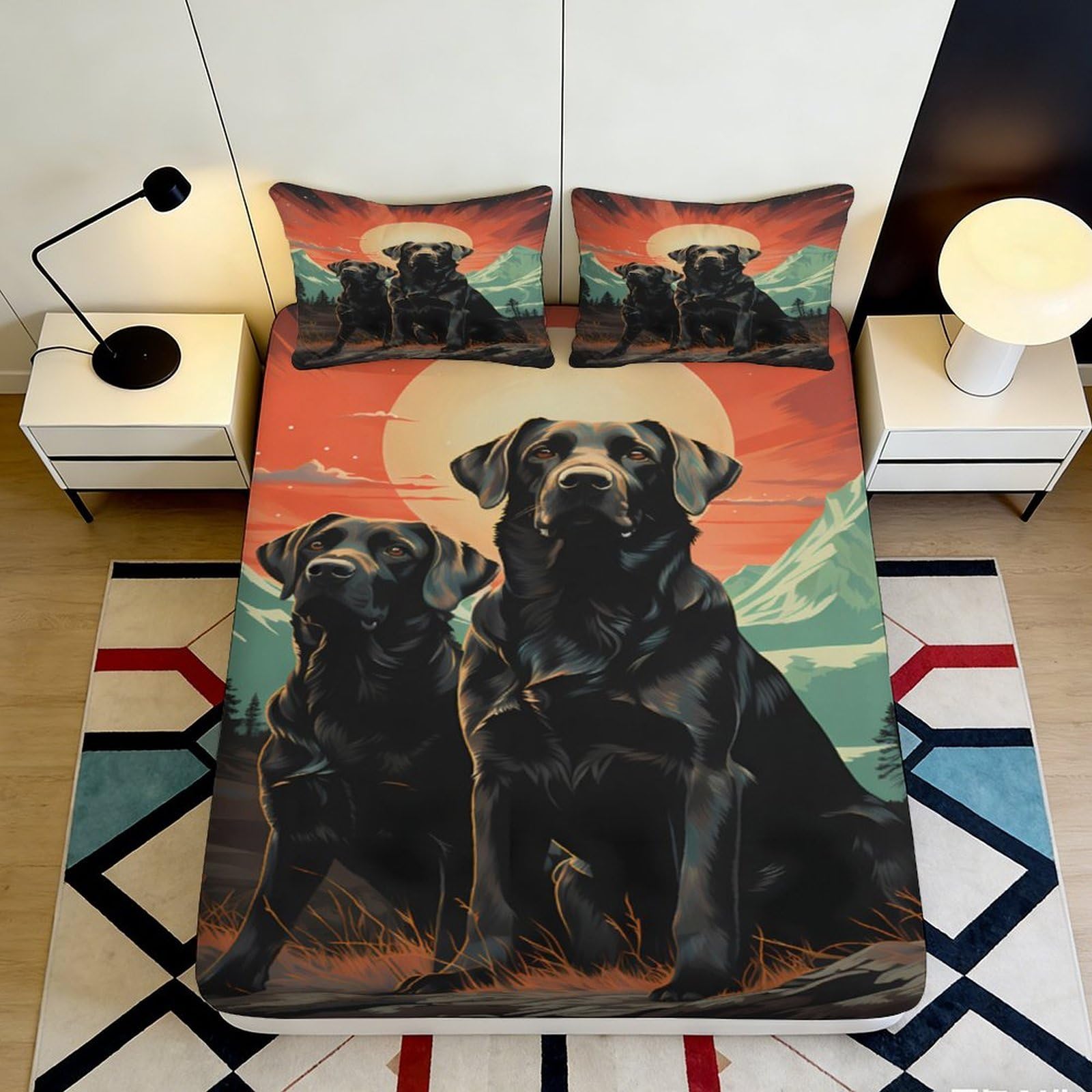 3D Printed Black Labrador Fitted Sheet Microfiber Soft Bedroom Decor Sunset Dog Mattress Cover for Home Dorm 90x200x25cm