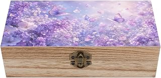 Serene Pastel Garden With Fluttering Butterflies Wooden Storage Box with Hinged Lid for Women, Compact Durable Jewelry Gift Box for Preserve Photos Letters Small Heirlooms