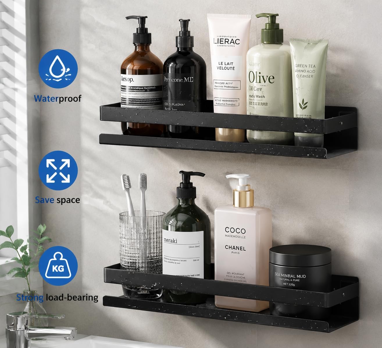 Gonice Bathroom Shower Floating Shelves, Black Wall Mounted Shower Caddy image 3