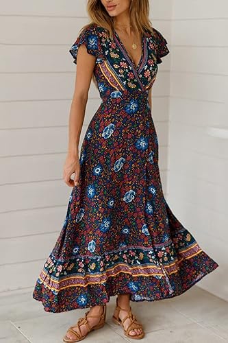 Miniatura 2 de Prettygarden Vestido largo, bohemio, de verano, con abertura lateral y cuello en V profundo, manga corta, con cinturón