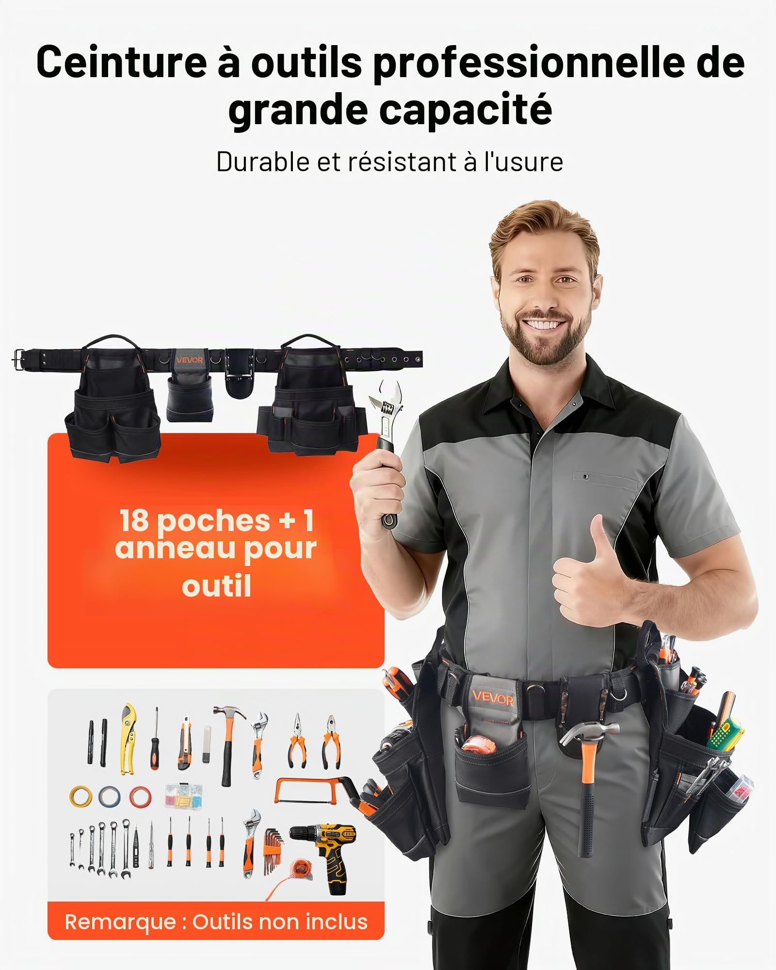VEVOR Ceinture Porte Outil 18 Poches Ceinture à Outils Tour de Taille Ajustable 80-131 cm Sacoche Charpentier Amovible et Réglable Sac à Outils pour Électricien Construction Homme Chantier Bricolage