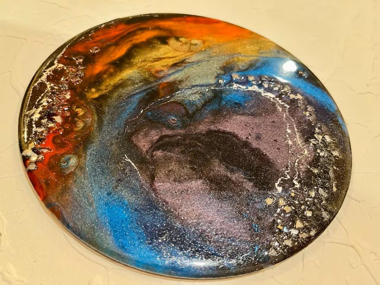 Rainbow resin wall artwork, round wall decor, original art, contemporary wall circle, geode art, bright fluid painting by Ukrainian artist (D 8 in)