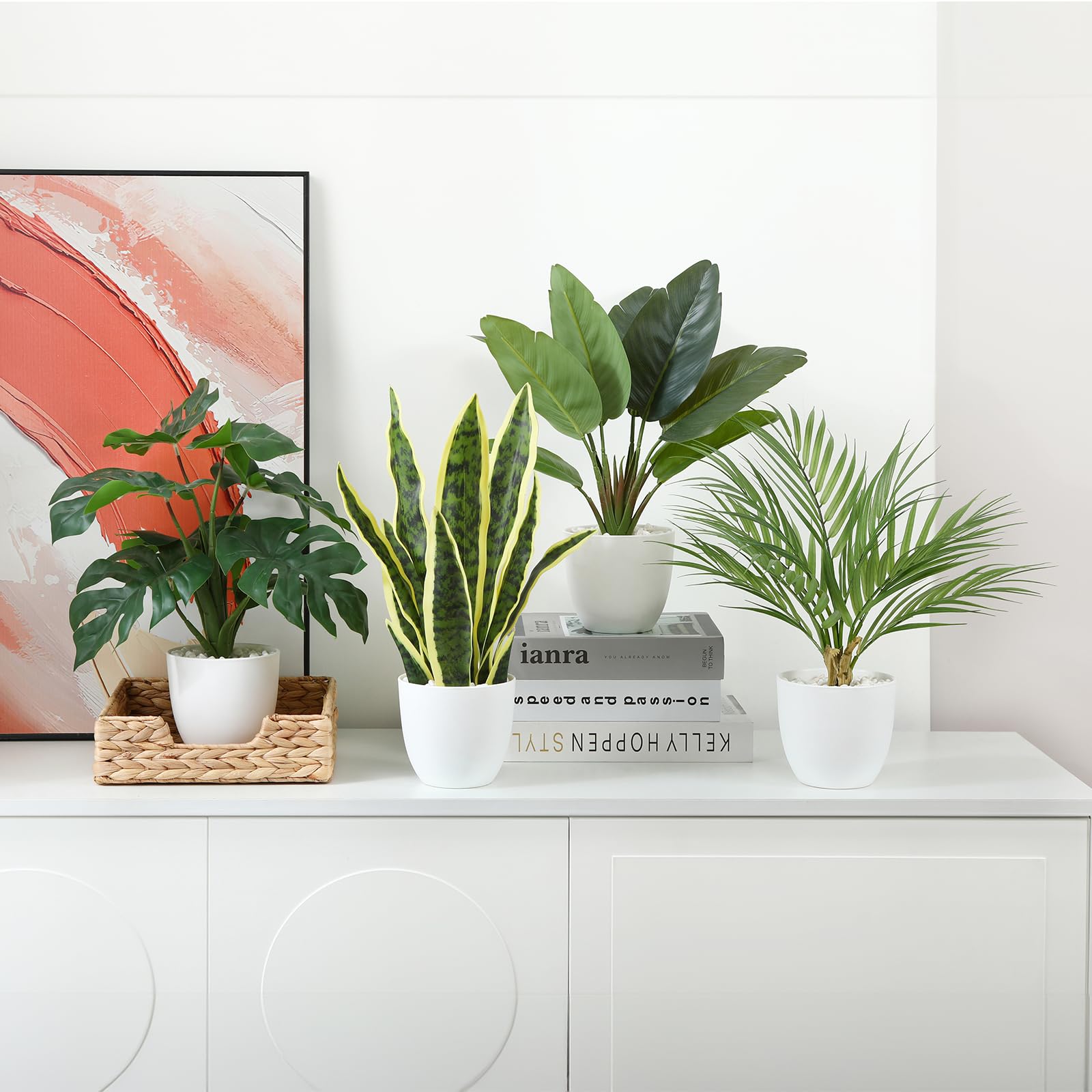 SOGUYI Kunstpflanze 40cm Künstliche Pflanzen im Topf Für Indoor Decor Home Schreibtisch Badezimmer Schlafzimmer Wohnzimmer Dekoration(4 Pack)