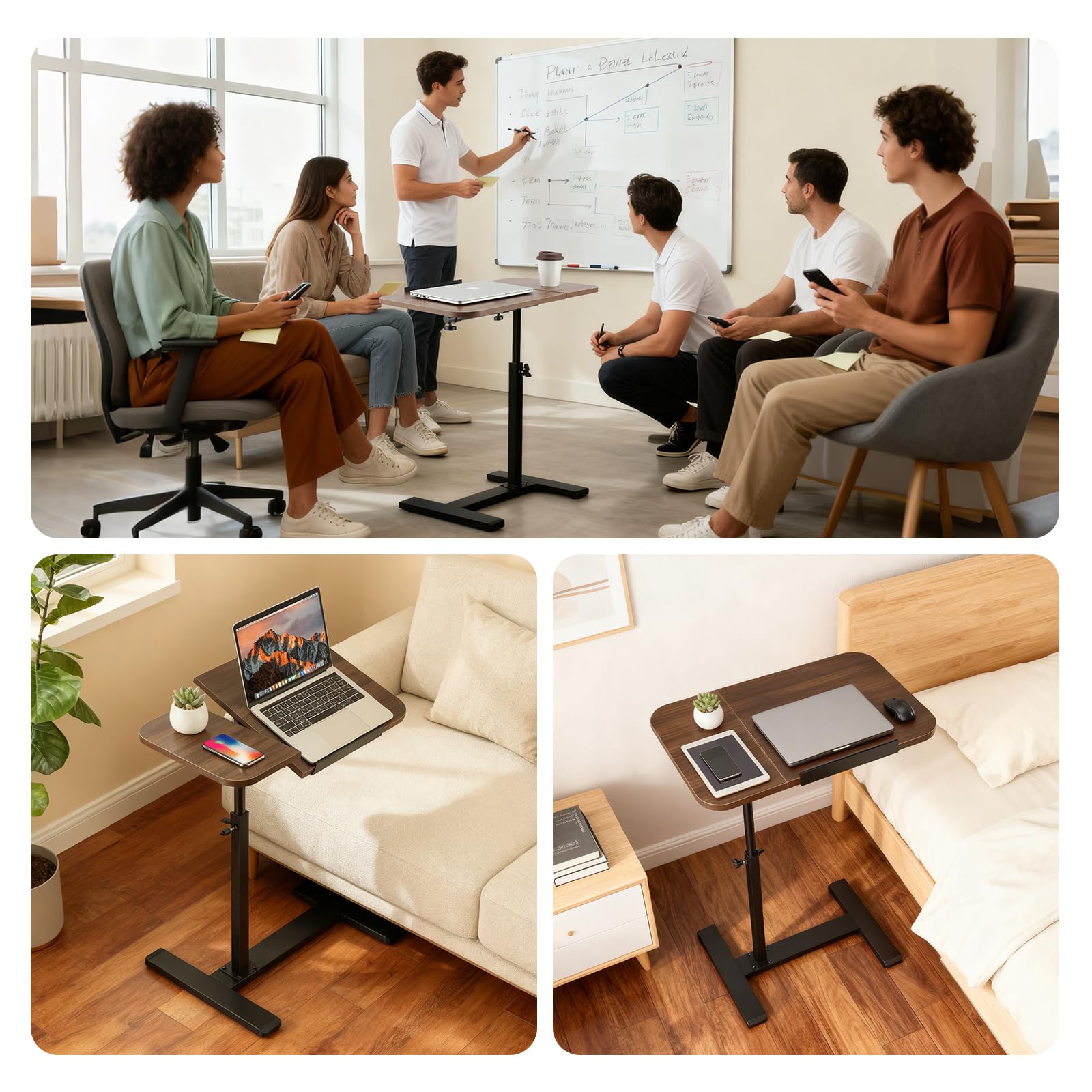 Tavolino a Forma C, Regolabile in Altezza 50-92 cm, Piano di 60 x 40 cm, Tavolo Mobile Girevole 360° in Noce, Tavolino da Divano Tavolino per Computer Portatile per Soggiorno, Camera da Letto, Letto d