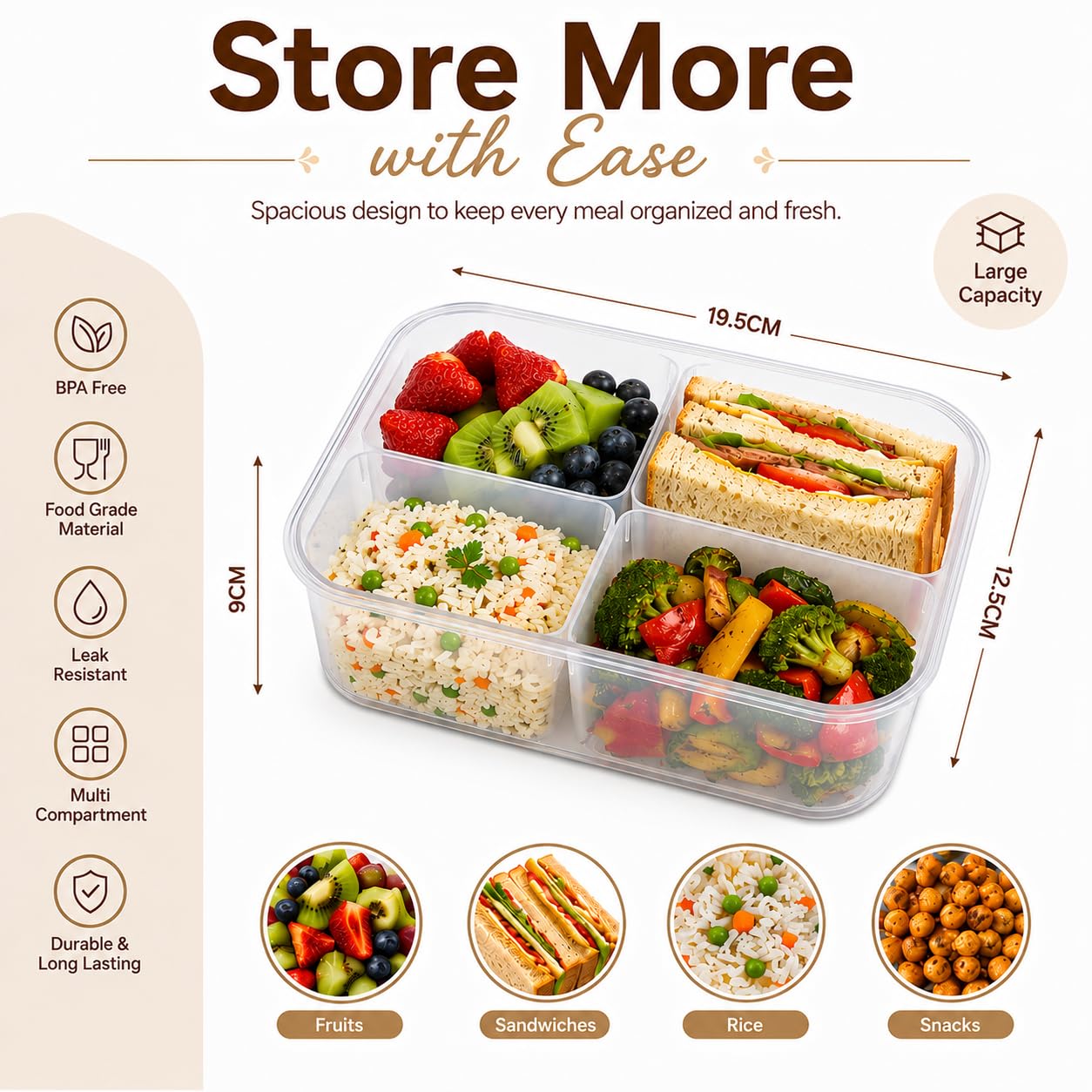 Vasukie 4-Compartment Meal Prep Container with Airtight Locking Lid – with Removable Cups for Meal Prep, Fruits, Nuts & Side Dishes, BPA-Free Clear Plastic (1500ML) — Amazon image 6