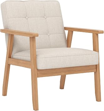 KCC Mid-Century Modern Linen Fabric Accent Chair, Upholstered Tufted Leisure Chair Comfy Reading Side Chair with Armrest and Solid Wood Frame for Living Room Bedroom BalconyBeige