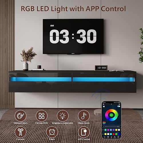 Miniatura 6 de Soporte flotante de madera maciza para TV con iluminación LED y toma de corriente, centro de entretenimiento de alto brillo de 71 pulgadas montado