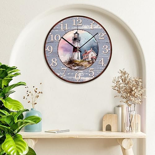 Miniatura 8 de Reloj de pared de faro, faro, torres, playa, reloj de pared decorativo, estilo shabby chic, retro, de 15 pulgadas, reloj redondo de cuarzo, funciona