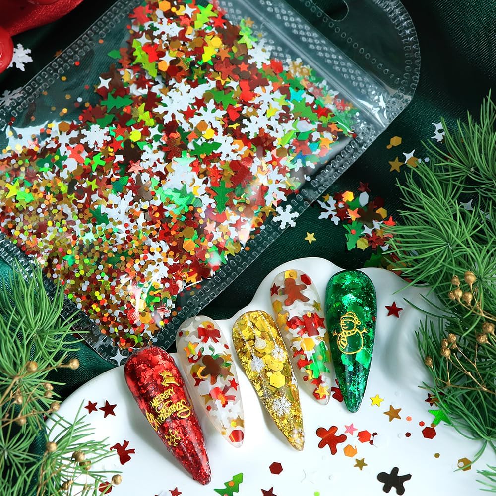 Christmas Nail Glitters Sequins 3D Holographic Mixed Color Nail Art Flake Nail Confetti Snowflake Xmas Tree Gingerbread Man Snowman Nails Glitters Manicure for Women Girls Face Body Nail Decoration