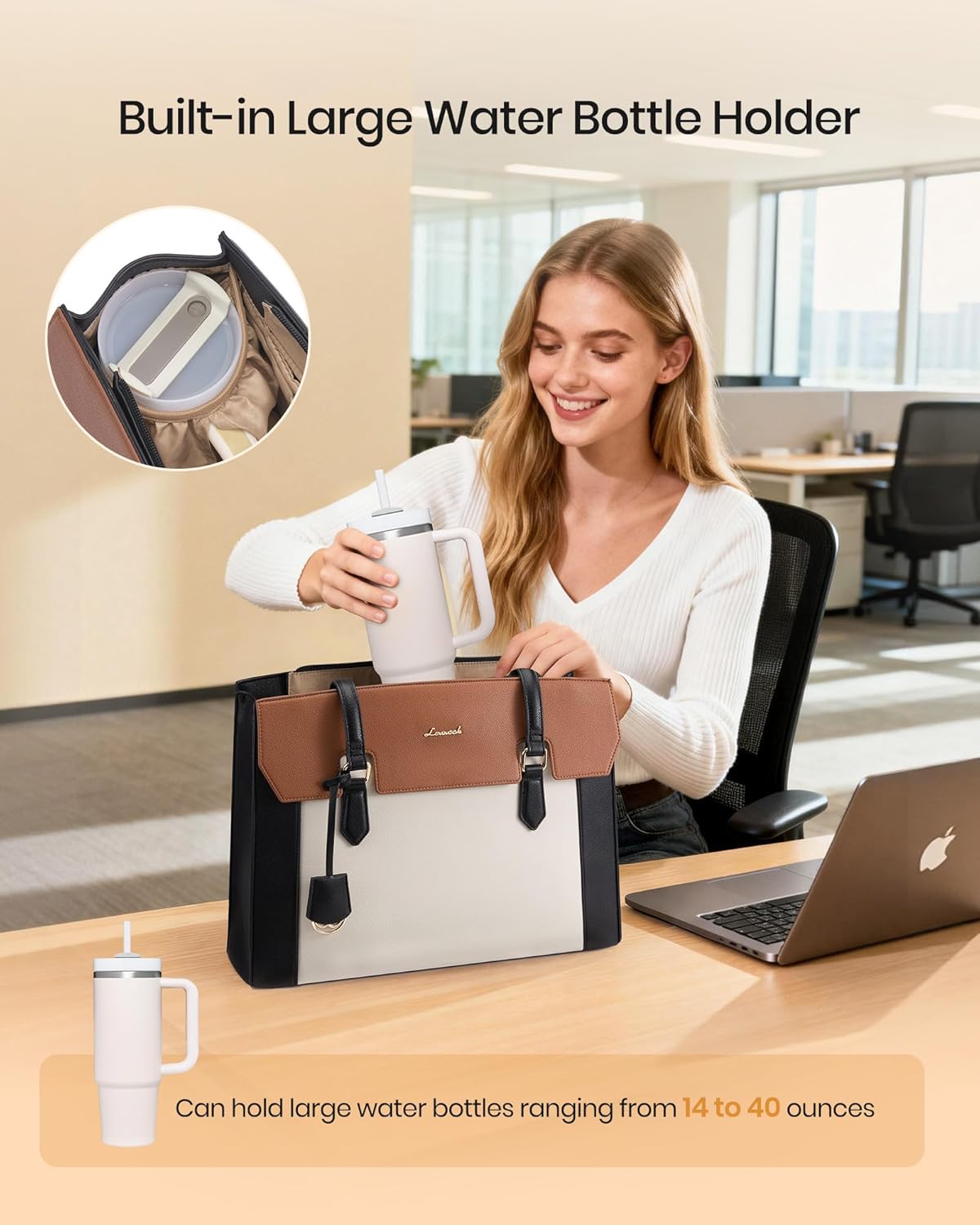 LOVEVOOK Laptop Tote Bag for Women,Computer Work Bag With Large Cup Holder,15.6 Inch Waterproof PU Leather Purse Briefcase for Teacher