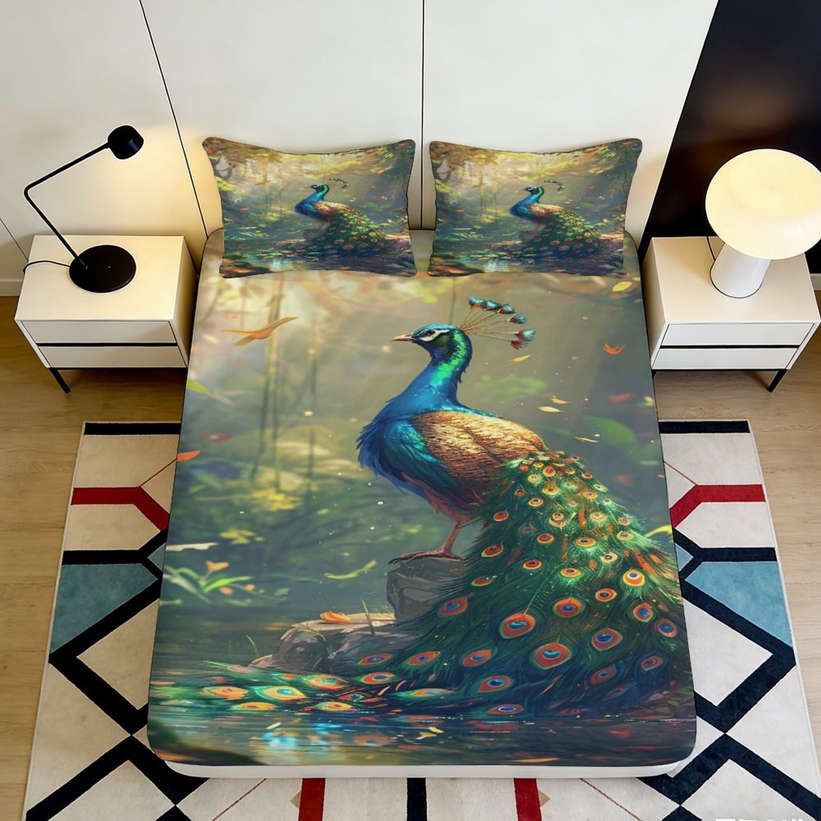 Pnayamiorkfel Style-8 3D Printed Peacock Forest Fitted Sheet Microfiber Soft Decorative Bed Cover For Bedroom Guest Room Mattress Protection 90X200x25cm