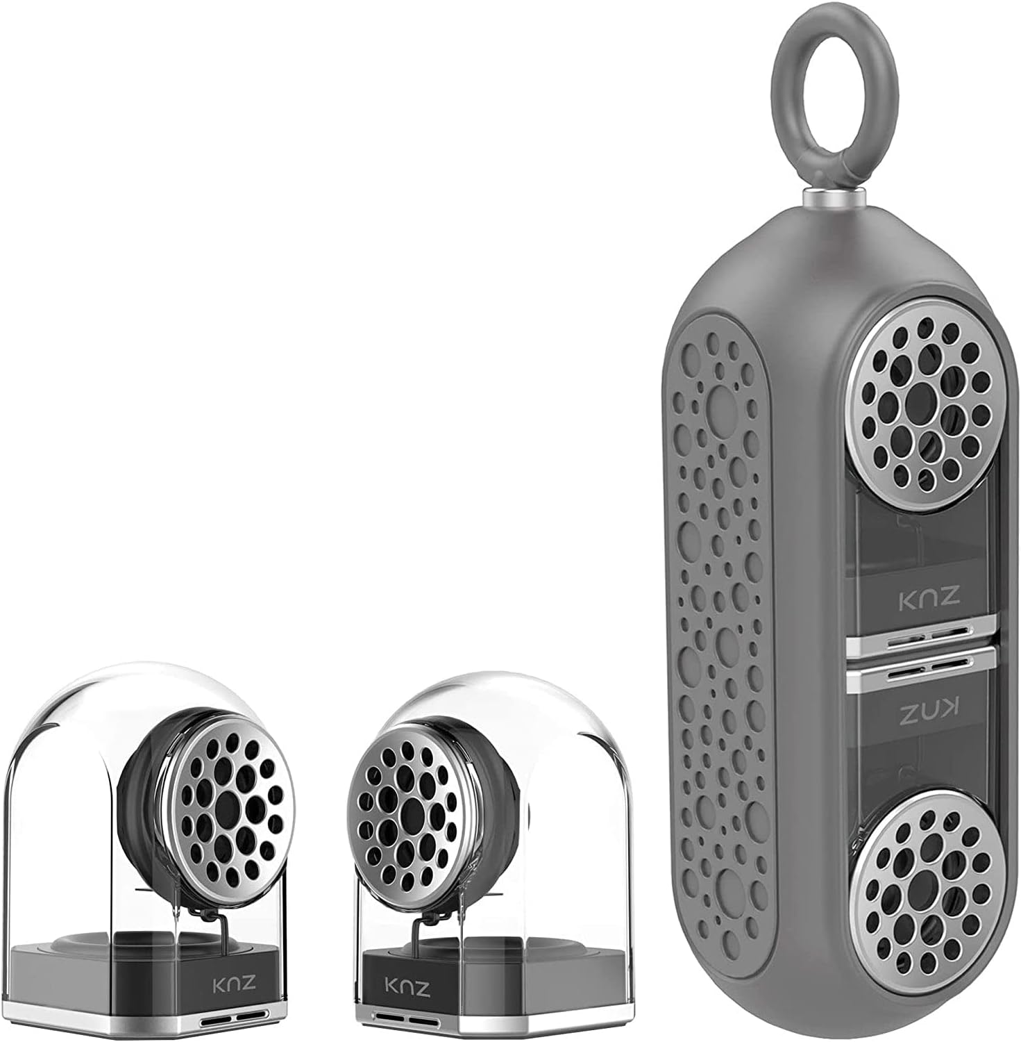 KNZ GoDuo Portable Bluetooth True Wireless Speakers with Magnetic Connectable Base, L/R Stereo Sound and Bass, Water and Shock Resistant, 18 Hr Playtime, Built-in Mic, Protective Carrying Case (Gray)