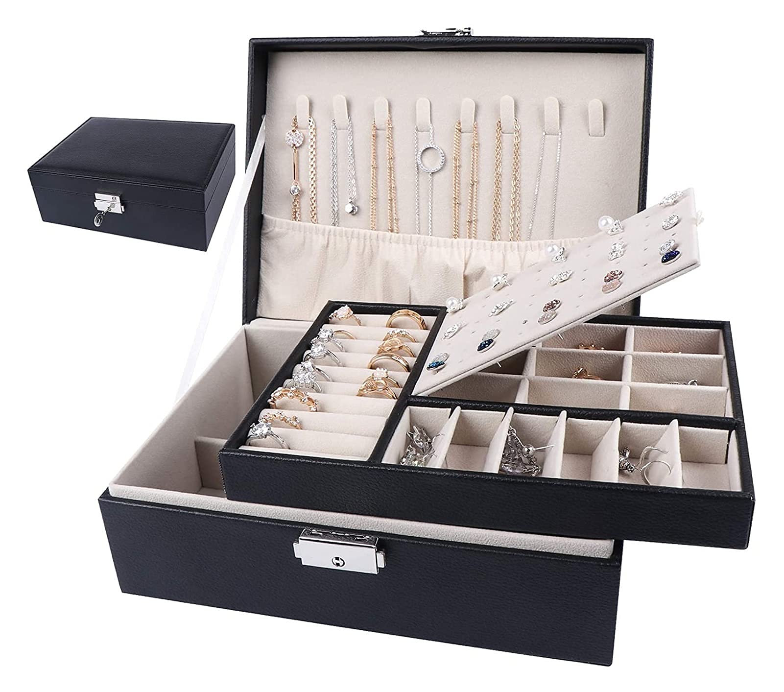 Schmuckschatulle, große kreative Schmuckschatulle für Damen und Mädchen, doppelschichtig, abschließbar, PU-Leder, Schmuck-Organizer, Aufbewahrungskoffer mit abnehmbarer Trennwand,