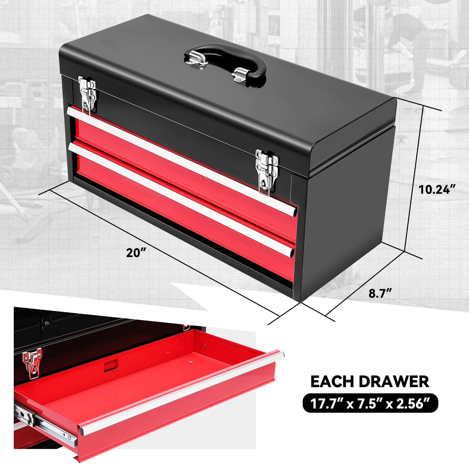 Auto Dynasty 20 Inch Metal Tool Box with Drawers, Portable 2 Drawers Toolbox with Top Storage and Handle, Small Tool Chest with Ball-Bearing Slides and Latch for Garage, Office, and Home Storage