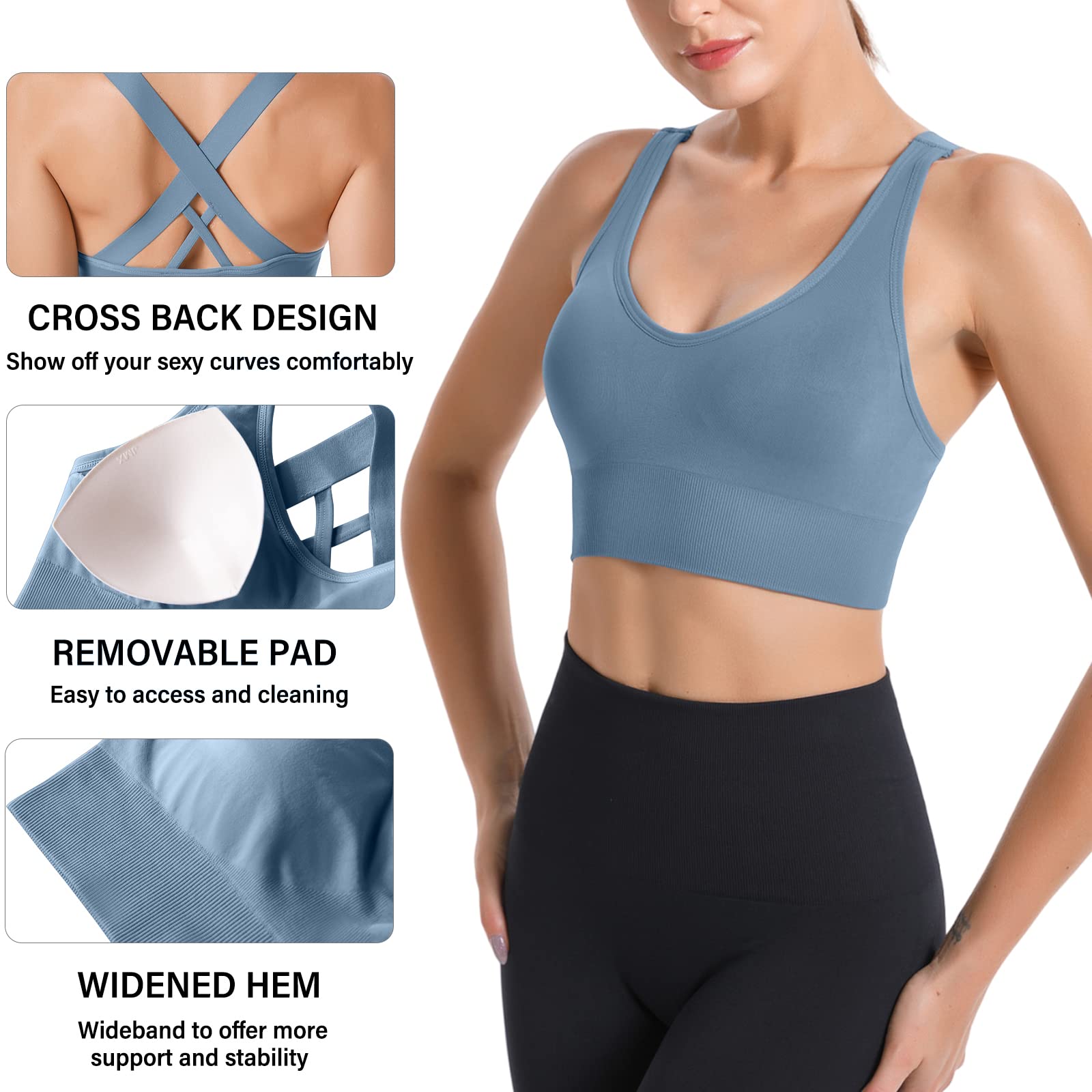 HANERDUN Sujetador Deportivo Mujer con Tirantes Cruzados Sujetador Push up sin Costuras para Yoga Gimnasio Correr