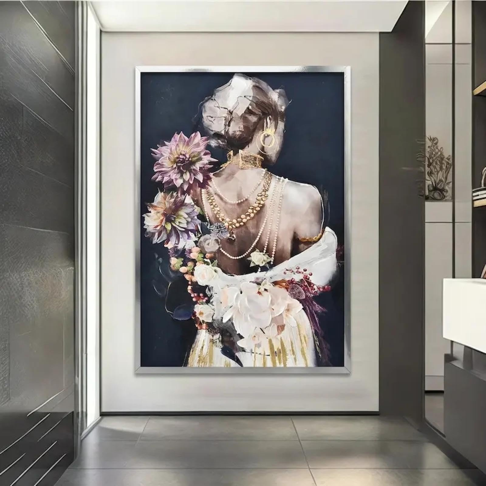 KEMEIQI Beautiful woman with pearl chain back view print modern canvas painting wall art canvas design home decoration painting 50x70cm Frameless