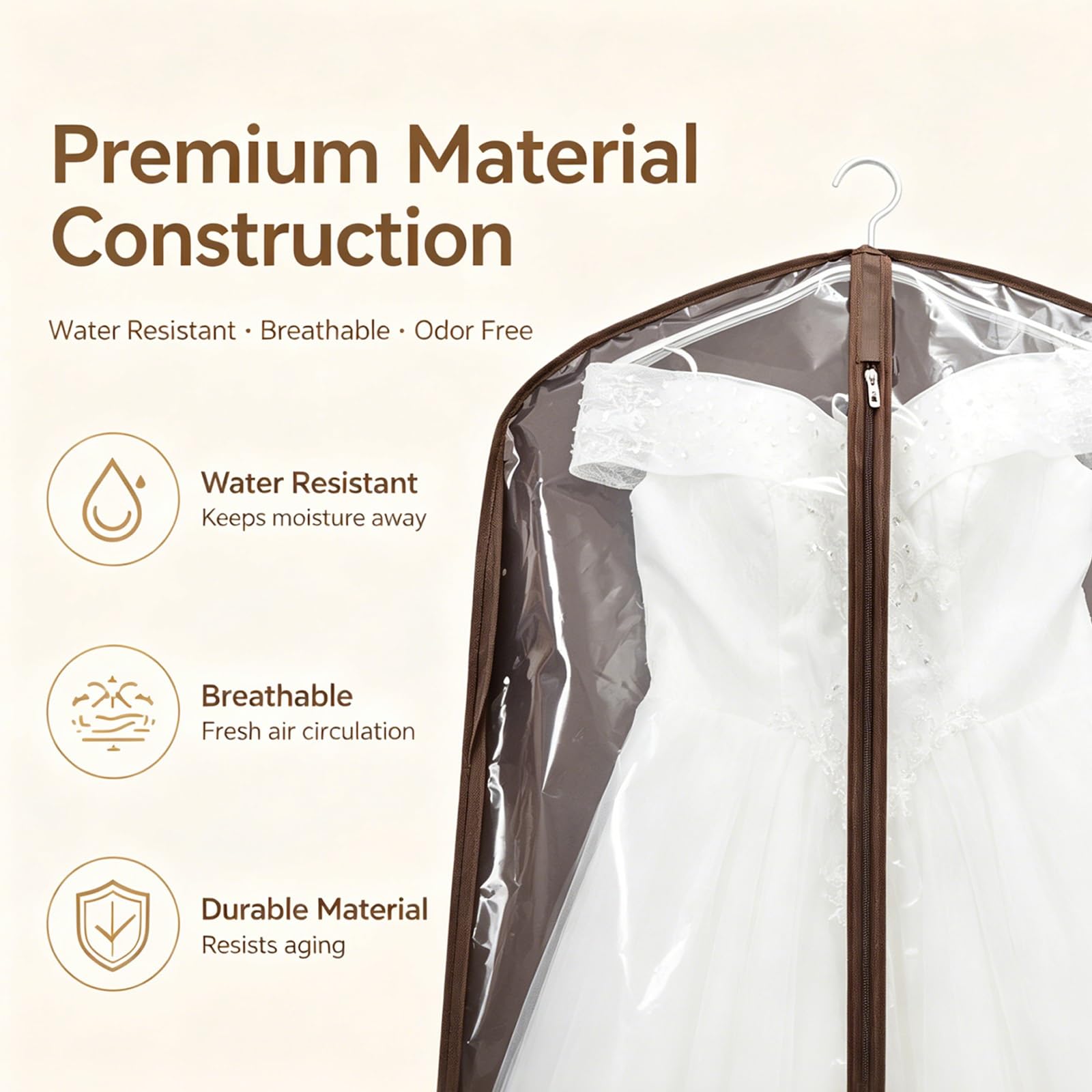 Funda Vestido Novia con Asa Cremallera Metálica | Confeccionada en Tejido no Tejido Transpirable, DiseñAda para Vestidos Largos de Gala, para Guardar(63in/160cm)