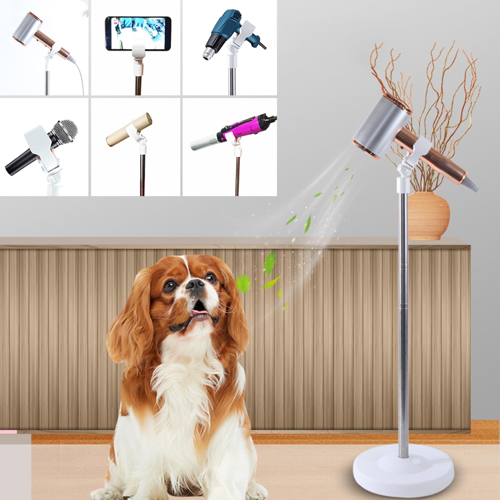 Stehender Föhnhalter für Hunde zu Hause, weißer, fauler Haartrocknerständer für die Fellpflege von Haustierkatzen, zum Blasen von Haaren/Fingernägeln/gebadet (Größe: 11,8–43,3 Zoll